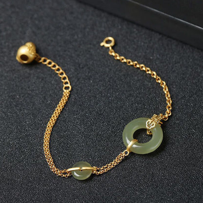 Buddha Stones Round Jade Peace Buckle Gourd Fu Character Auspicious Prosperity Chain Bracelet