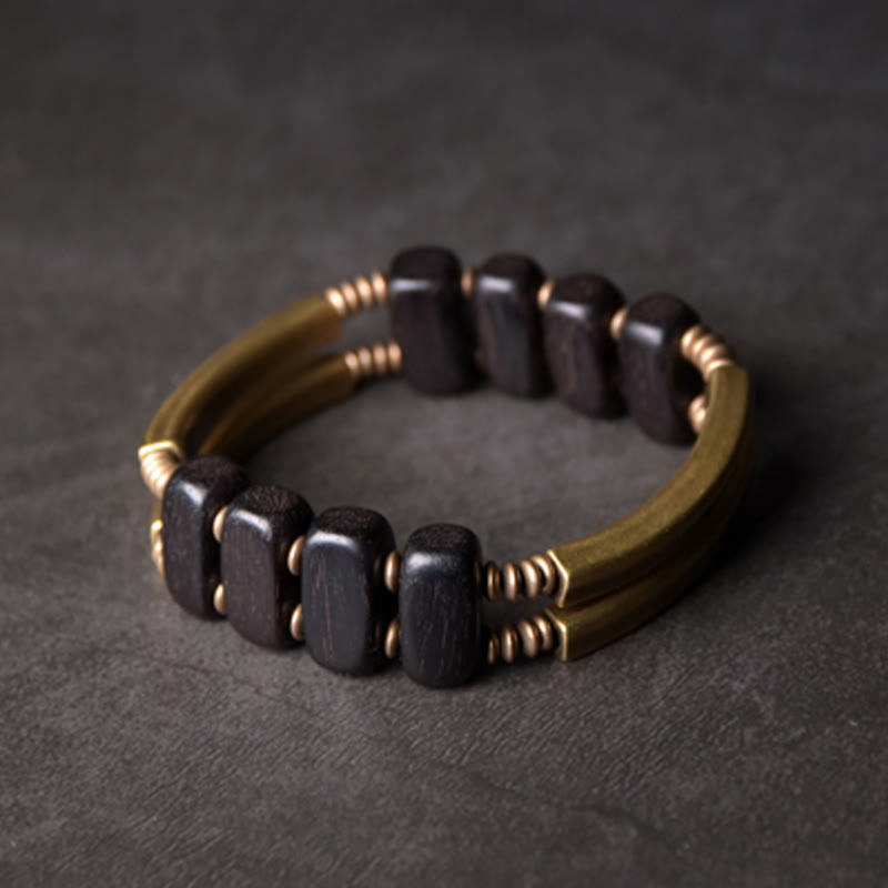Buddha Stones Tibetan Ebony Wood Brass Copper Balance Double Layer Bracelet