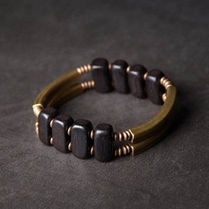 Buddha Stones Tibetan Ebony Wood Brass Copper Balance Double Layer Bracelet