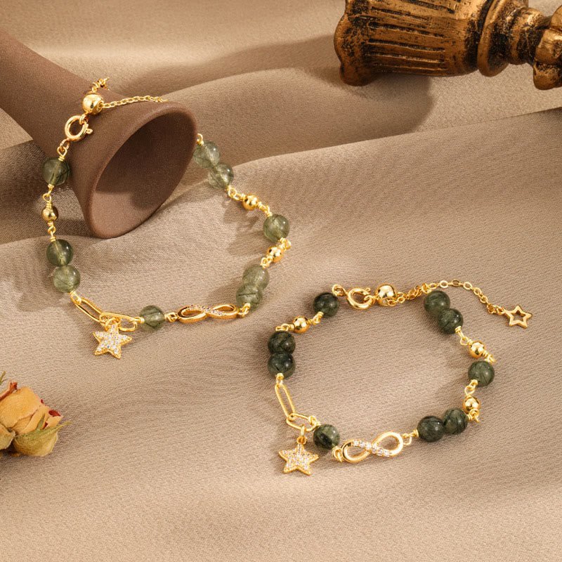 Buddha Stones 14k Gold Plated Copper Green Rutilated Quartz Möbius Loop Eternal Love Star Protection Bracelet