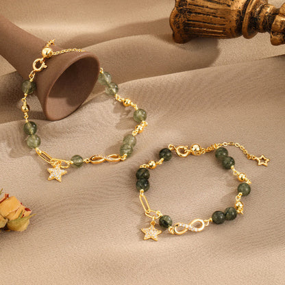 Buddha Stones 14k Gold Plated Copper Green Rutilated Quartz Möbius Loop Eternal Love Star Protection Bracelet