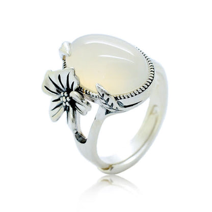 Buddha Stones 990 Sterling Silver Natural Chalcedony Plum Positive Harmony Ring