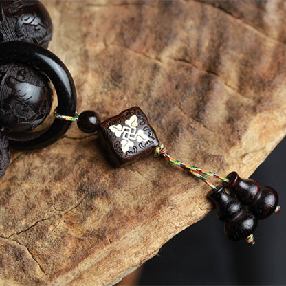 Buddha Stones Ebony Wood Chinese Character Yin Yang Engraved Gourd Balance Bracelet