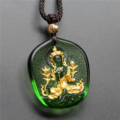 Buddha Stones Tibetan Green Tara Buddha Gold Plated Liuli Crystal Protection Necklace Pendant