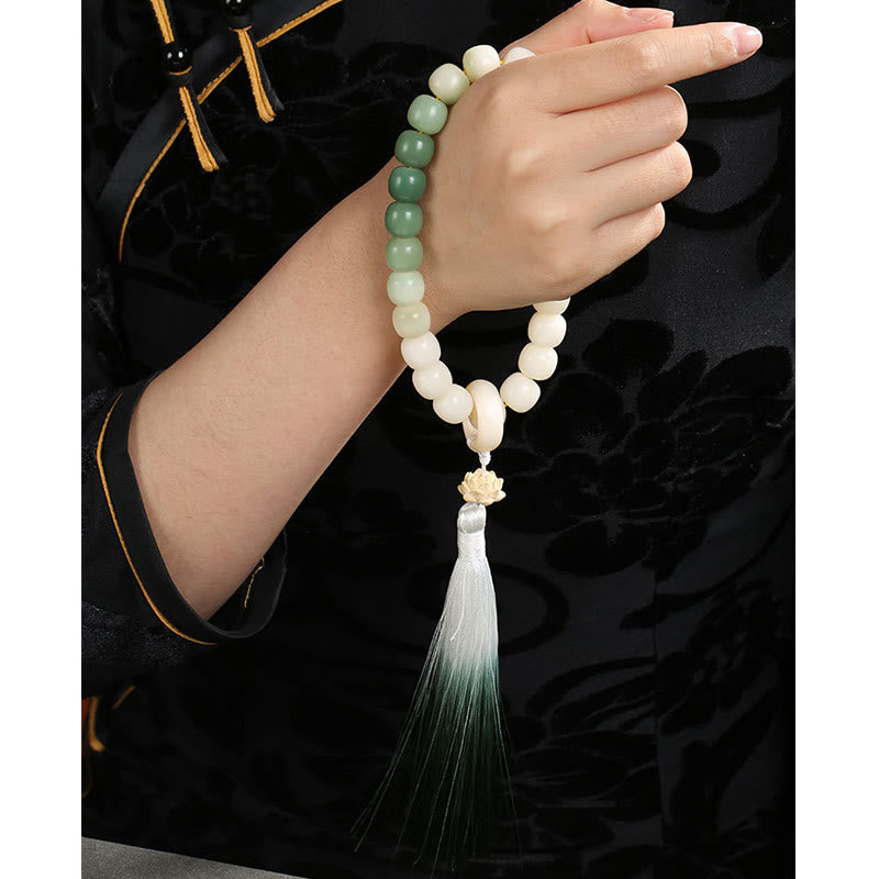 Buddha Stones Natural Gradient Bodhi Seed Fortune Money Bag Lotus Wisdom Tassel Wrist Mala