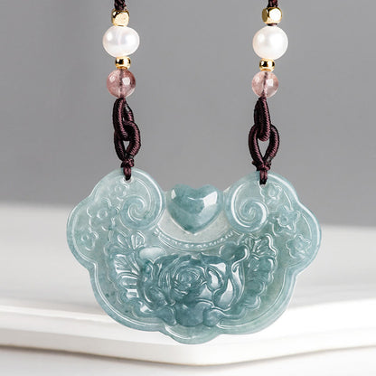 Buddha Stones Natural Jade Peony Flower Lock of Good Wishes Prosperity Necklace Pendant