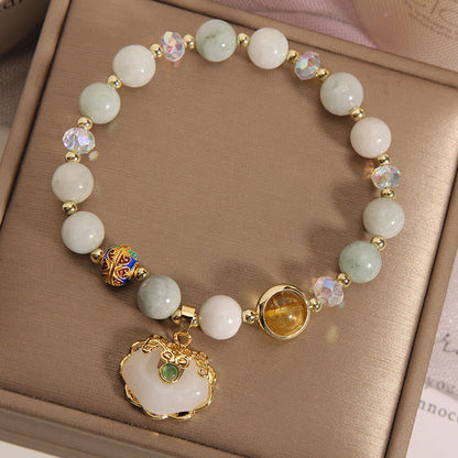 Buddha Stones Strawberry Quartz Green Crystal Amethyst Healing Chinese Lock Charm Bracelet