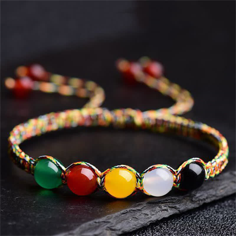 Buddha Stones Colorful Agate Metal Wood Water Fire Earth Five Elements String Bracelet