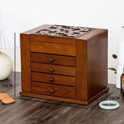 Buddha Stones Vintage Large Capacity Wooden Jewelry Box Jewelry Storage Box With Mirror