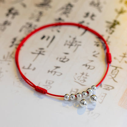 Buddha Stones 925 Sterling Silver Red String Braid Bell Charm Anklet