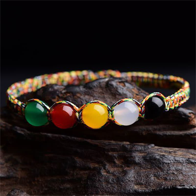 Buddha Stones Colorful Agate Metal Wood Water Fire Earth Five Elements String Bracelet