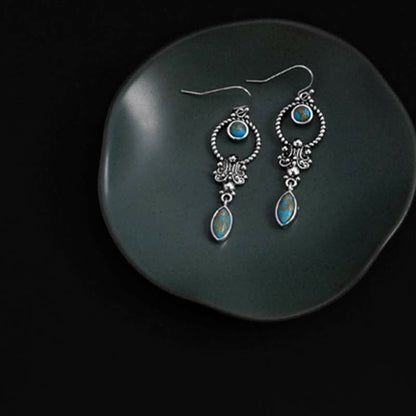 Buddha Stones 925 Sterling Silver Vintage Turquoise Waterdrop Pattern Balance Drop Dangle Earrings