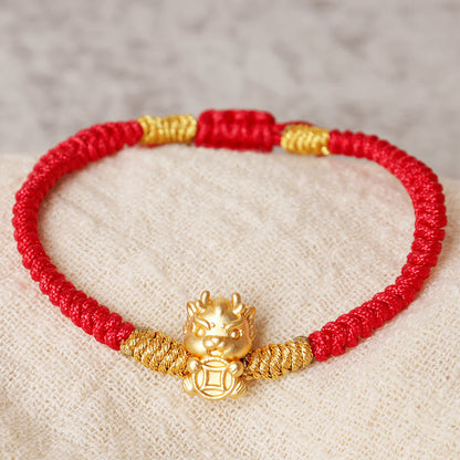 Buddha Stones 999 Sterling Silver Year of the Dragon Copper Coin Fortune Dragon Fu Character Luck Handcrafted Red String Braided Bracelet (Extra 30% Off | USE CODE: FS30)