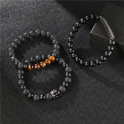 Buddha Stones 3Pcs Frosted Stone Lava Rock Tiger Eye Activate Bracelet
