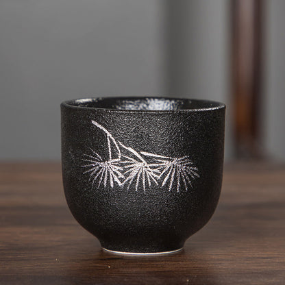 Buddha Stones Hand Painted Lotus Flower Bamboo Chrysanthemum Black Pottery Ceramic Teacup Kung Fu Tea Cup 95ml