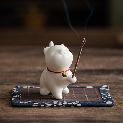 Buddha Stones Mini Lucky Cat Kitten Tea Pet Ceramic Home Desk Figurine Decoration With Bamboo Mat
