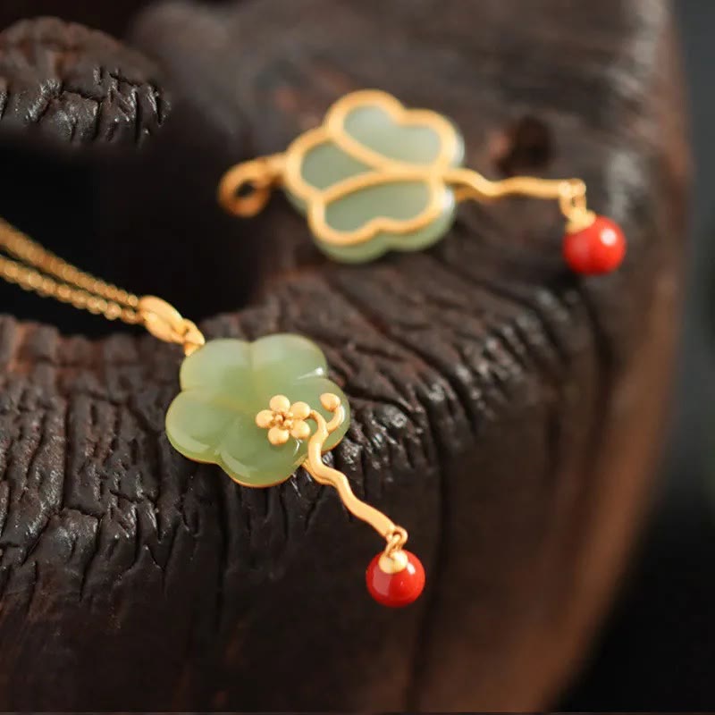 Buddha Stones Vintage Plum Blossom Flower Jade Red Agate Prosperity Necklace Pendant