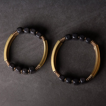 Buddha Stones Tibetan Ebony Wood Brass Copper Balance Double Layer Bracelet