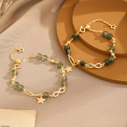 Buddha Stones 14k Gold Plated Copper Green Rutilated Quartz Möbius Loop Eternal Love Star Protection Bracelet