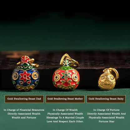 Buddha Stones Gold Swallowing Beast Family Luck Key Chain