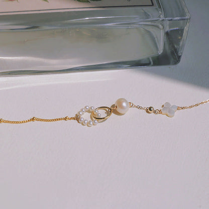 Buddha Stones 14K Gold Plated Pearl Double Peace Buckle Healing Chain Bracelet