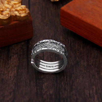 Buddha Stones 925 Sterling Silver Retro Tang Dynasty Flower Design Luck Adjustable Ring
