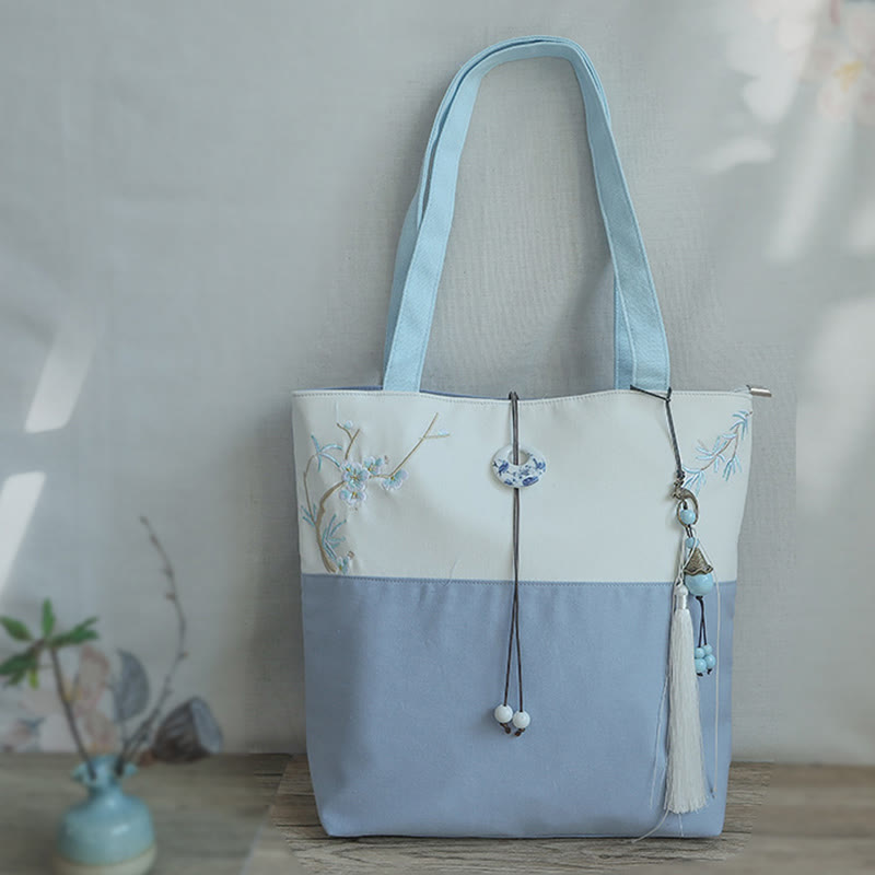 Buddha Stones Pear Flower Plum Peach Blossom Bamboo Embroidery Canvas Large Capacity Shoulder Bag Tote Bag