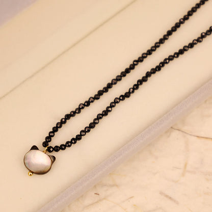 Buddha Stones Black Spinel Cute Cat Motivate Choker Necklace