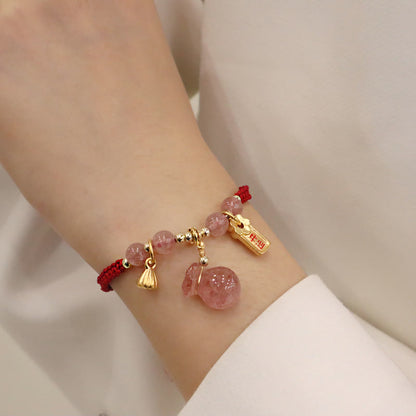Buddha Stones Natural Strawberry Quartz Money Bag Lotus Healing Charm Red String Braided Bracelet