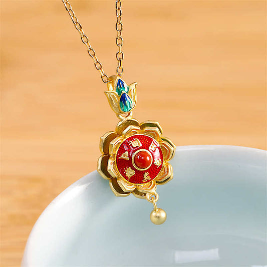 Buddha Stones 925 Sterling Silver Tibet Lotus Prayer Wheel Red Agate Enlightenment Necklace Pendant