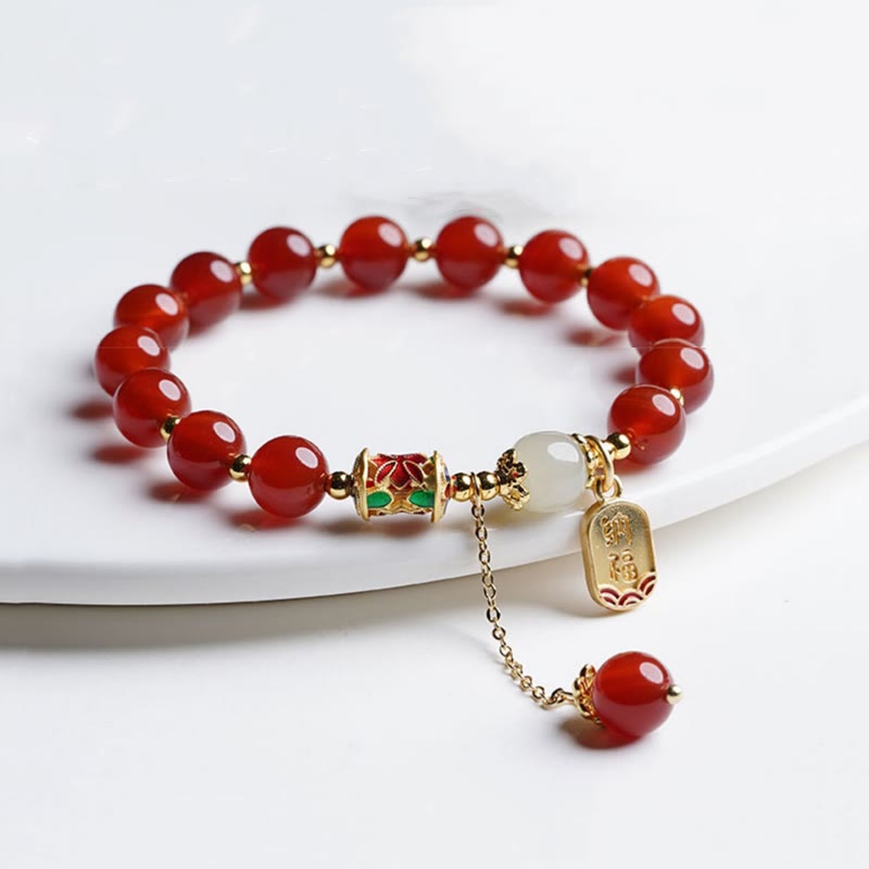 Buddha Stones Natural Red Agate Hetian Jade Fu Character Confidence Charm Bracelet (Extra 30% Off | USE CODE: FS30)
