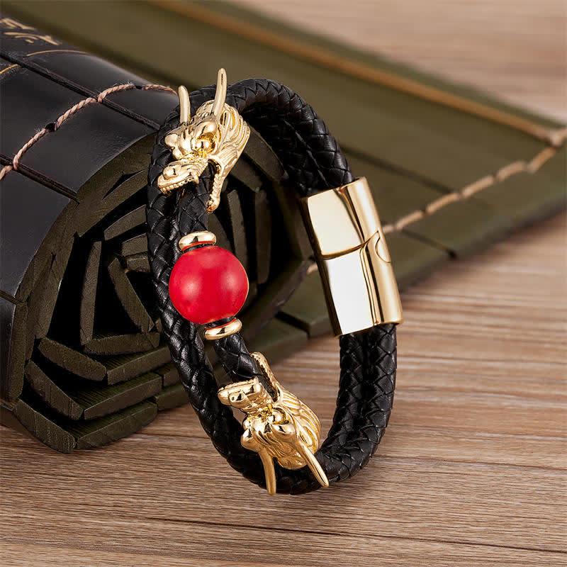 Buddha Stones Double Dragon Head Leather Stone Titanium Steel Success Bracelet (Extra 35% Off | USE CODE: FS35)