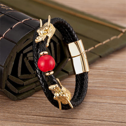 Buddha Stones Double Dragon Head Leather Stone Titanium Steel Success Bracelet (Extra 35% Off | USE CODE: FS35)