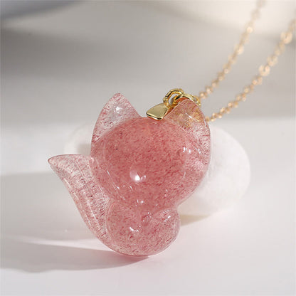 Buddha Stones 925 Sterling Silver Plated 14k Gold Strawberry Quartz Fox Healing Necklace Pendant