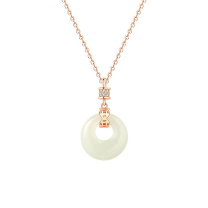 Buddha Stones 925 Sterling Silver Hetian White Jade Coin Flower Peace Buckle Luck Necklace Pendant
