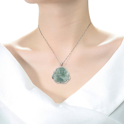 Buddha Stones 925 Sterling Silver Laughing Buddha Natural Jade Luck Necklace Chain Pendant