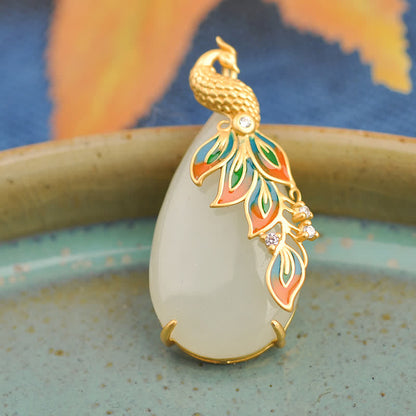 Buddha Stones White Jade Peacock Protection Necklace Chain Pendant