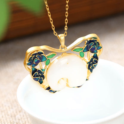 Buddha Stones White Jade Elephant Butterfly Lotus Success Necklace Chain Pendant