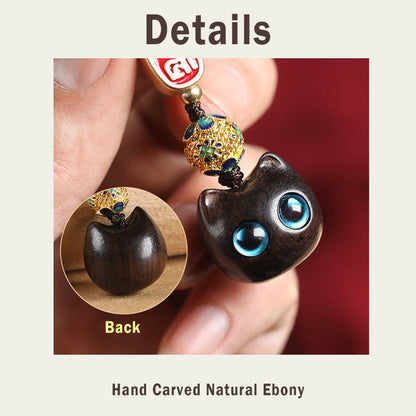 Buddha Stones Ebony Wood Lucky Cat Auspicious Cloud Peace Key Chain Phone Hanging Decoration