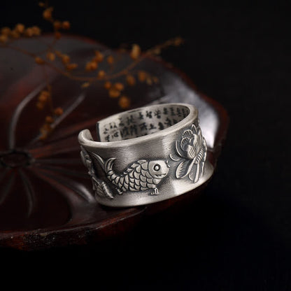 Buddha Stones 999 Sterling Silver Luck Koi Fish Lotus Heart Sutra Wealth Ring