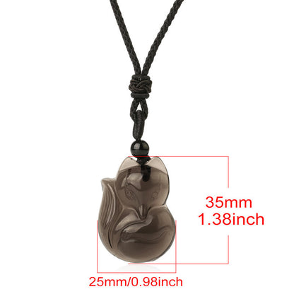 Buddha Stones Natural Black Obsidian Tiger Eye Ice Obsidian Fox Pendant Amulet Necklace