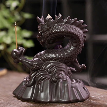 Buddha Stones Auspicious Dragon Ceramic Backflow Smoke Fountain Meditation Healing Incense Burner Led Ball Decoration