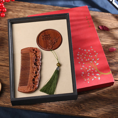 Buddha Stones Natural Green Sandalwood Rosewood Lotus Flower Peacock Butterfly Engraved Soothing Comb