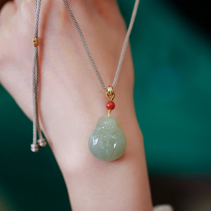 Buddha Stones Laughing Buddha Hetian Jade Wealth Prosperity String Necklace Pendant