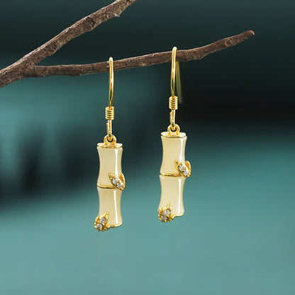 Buddha Stones 925 Sterling Silver Hetian Jade Chrysoberyl Cat Eye Red Agate Bamboo Luck Drop Earrings