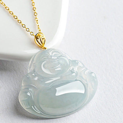 Buddha Stones Laughing Buddha Natural Jade 925 Sterling Silver Plated Gold Abundance Necklace Pendant