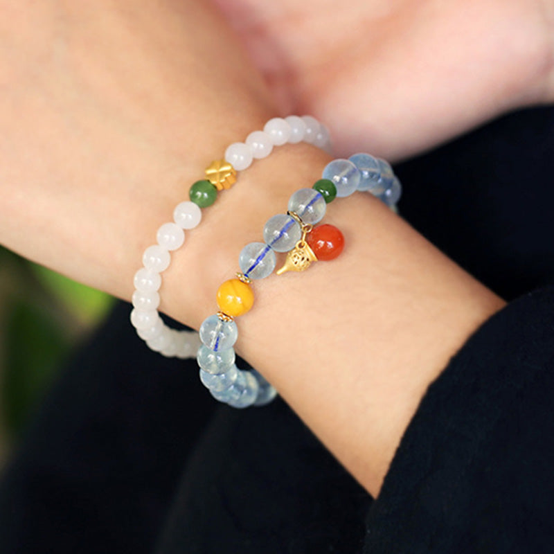 Buddha Stones Aquamarine Red Agate Peace Gourd Charm Bracelet