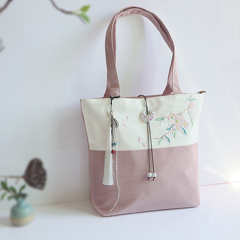 Buddha Stones Pear Flower Plum Peach Blossom Bamboo Embroidery Canvas Large Capacity Shoulder Bag Tote Bag