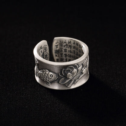 Buddha Stones 999 Sterling Silver Luck Koi Fish Lotus Heart Sutra Wealth Ring