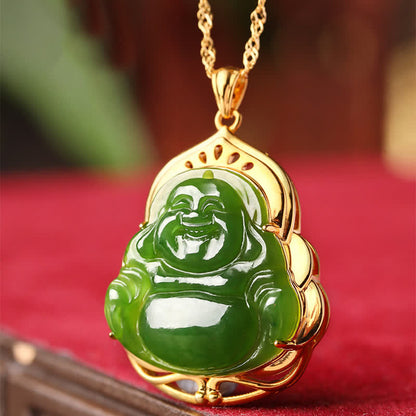 Buddha Stones 925 Sterling Silver Natural Hetian Cyan Jade Laughing Buddha 18K Gold Healing Necklace Chain Pendant